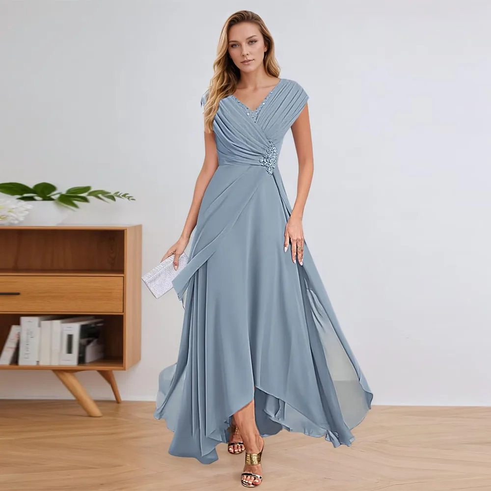 

Lace Applique Chiffon Mother of The Bride Dresses A Line Cap Sleeves Evening Gown V Neck Formal Dress for Wedding Customized