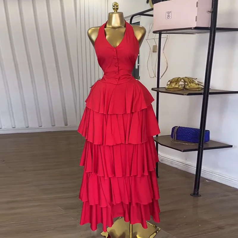 Doyerl Elegant Party Birthday Dress Sets Woman 2 Piece Set Outfit Halter Backless Vest Top+cascading Ruffles Skirt Matching Sets - view 2