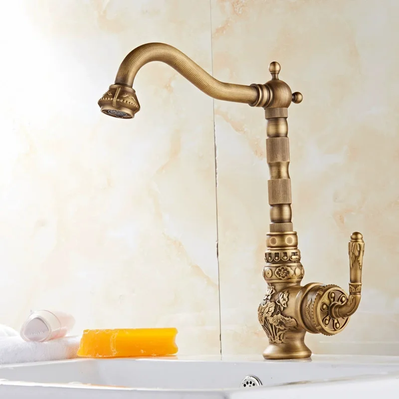 European antique carved kitchen hot and cold faucet, rotatable dishwashing basin sink vegetable basin faucet