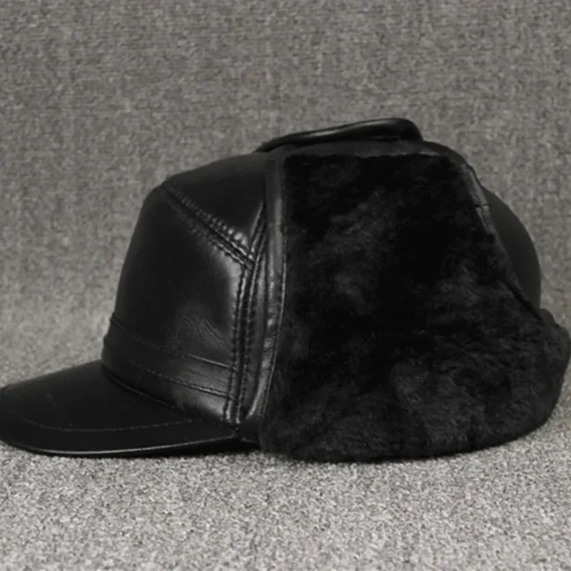 

Genuine Leather Hat For Men Winter Warm Bomber Hats Earmuffs Plus Velvet Thick Sheepskin Hooded Ski Cap Dad Winter Caps
