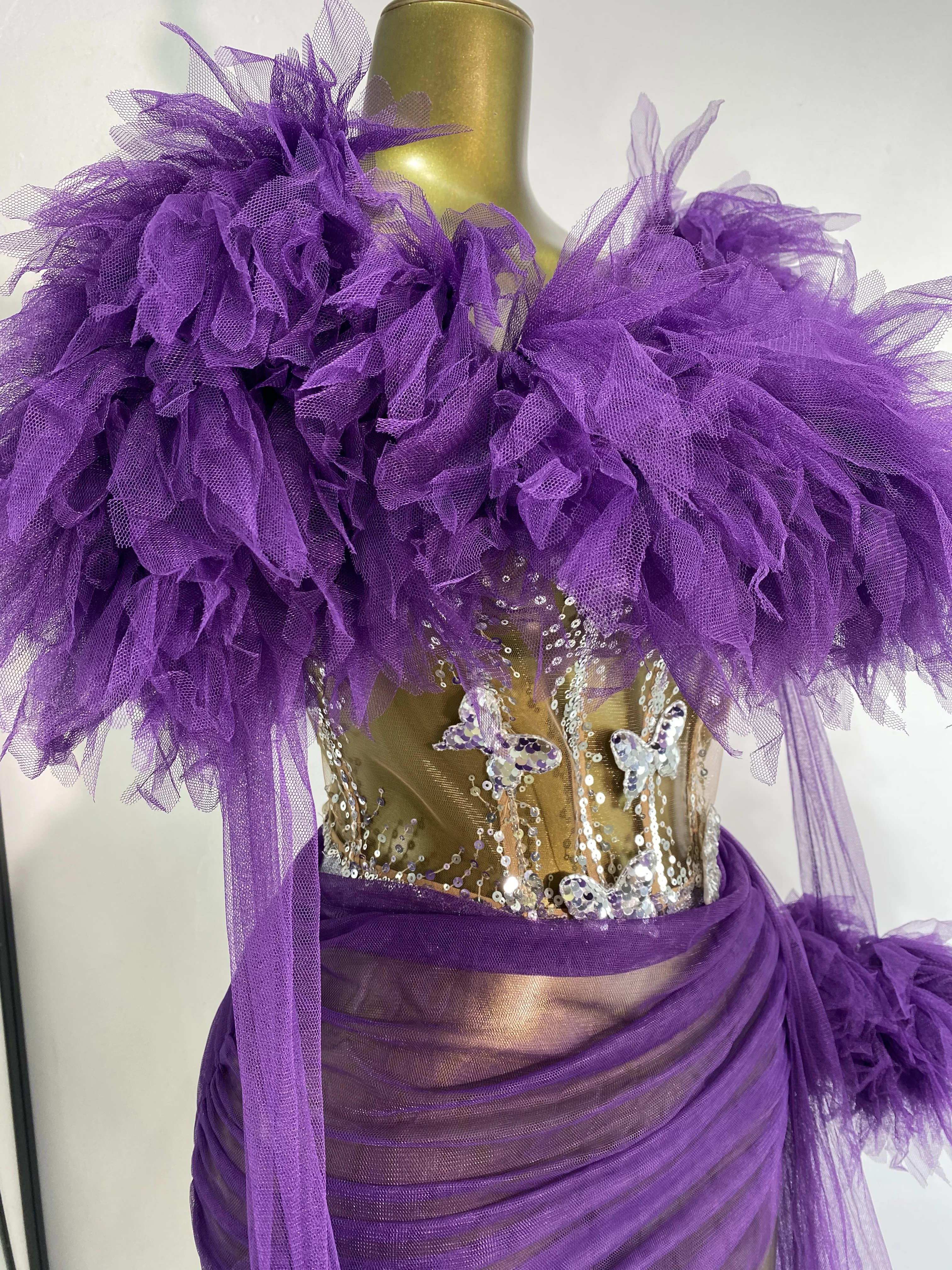 

Women Special Occassion Dress Purple Mesh Tutu Sequines Corset Tube Top Transparent Mini Skirt And Mesh Sleeve 3 Pieces Sets