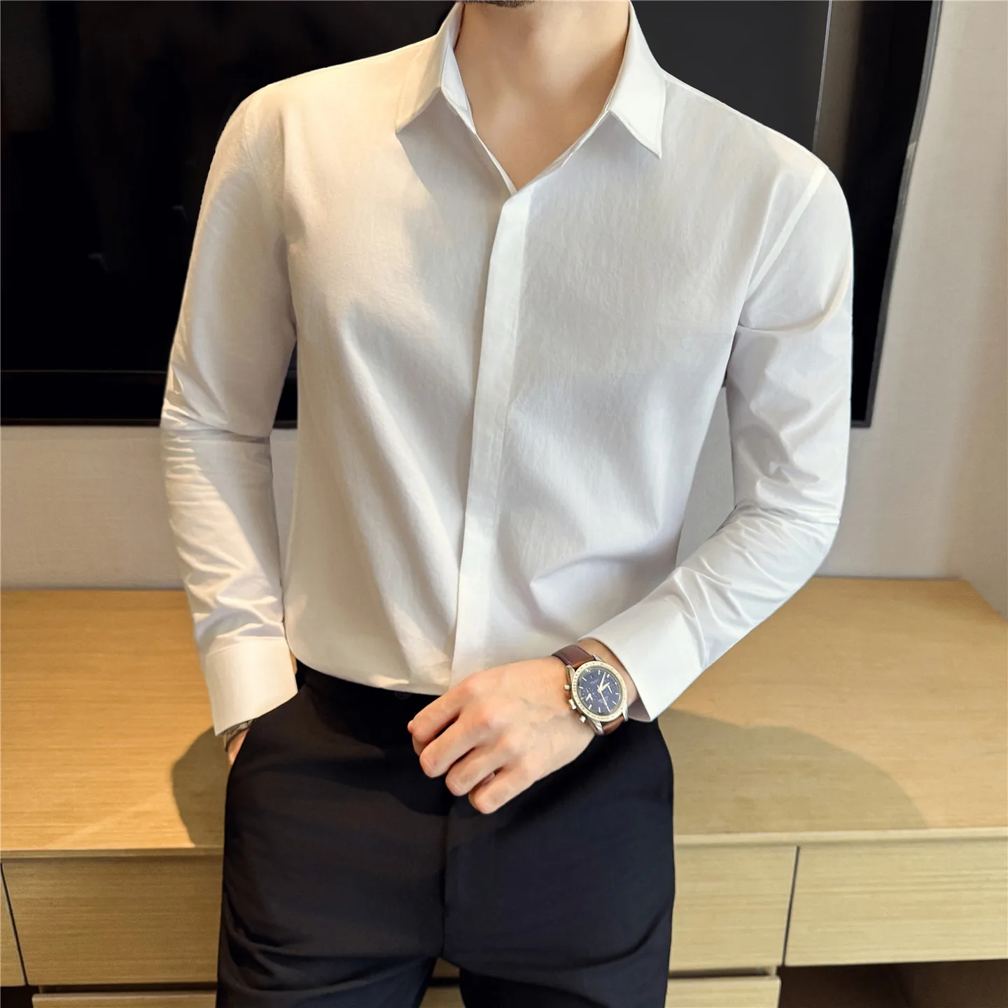 

Удобные для кожи дышащие рубашки из лиоцеллового хлопка для мужчин, высококачественные однотонные мужские рубашки-рубашки с длинными рукавами, облегающие платья