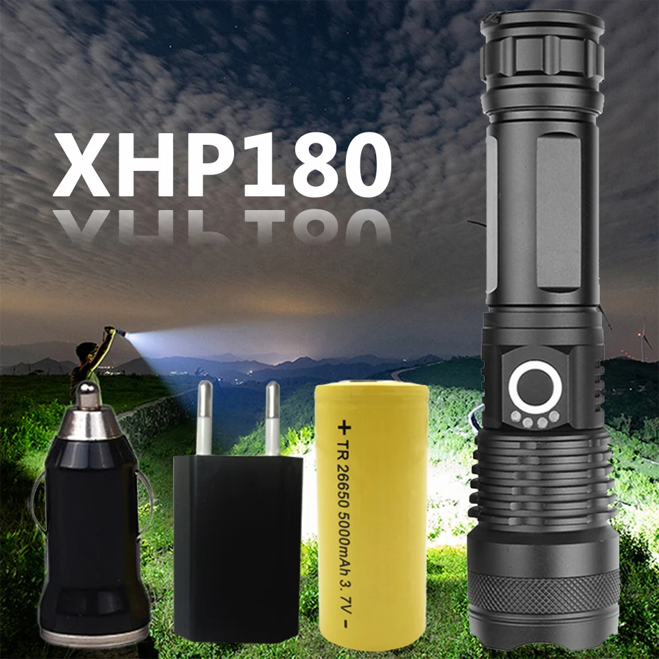 

Zoomable Torch Aluminum Waterproof Light Lantern XHP180 9-core Powerful Led Flashlight Usb Rechargeable 18650 26650 Battery