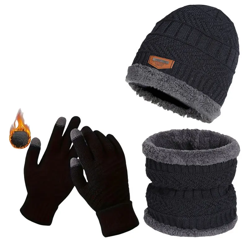 

3PC Winter Knitted Set Hat Scarf Gloves Thermal Fleece Lined Windproof Face Cover Touchscreen Gloves for Outdoor Cycling Couples