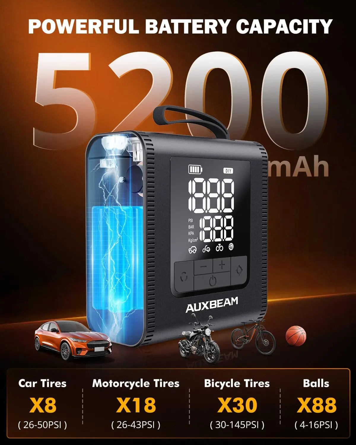 Portable Tire Inflator 150PSI Rechargeable 5200mAh with LCD Screen for Car Motorcycle Bike Ball