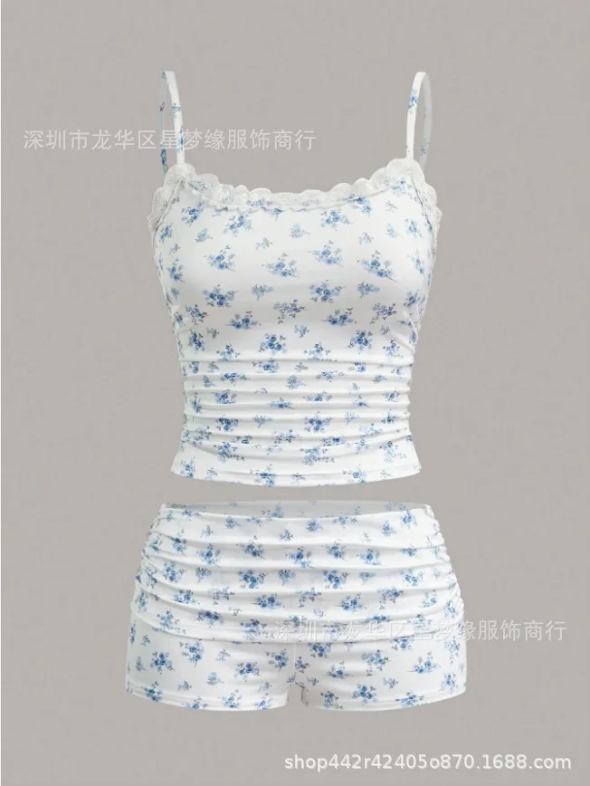 Casual Women's Shorts Set Fashionable Cartoon Print Home Breathable Lace Suspenders V-neck Sleeveless Shorts Pajamas 2-piece Set