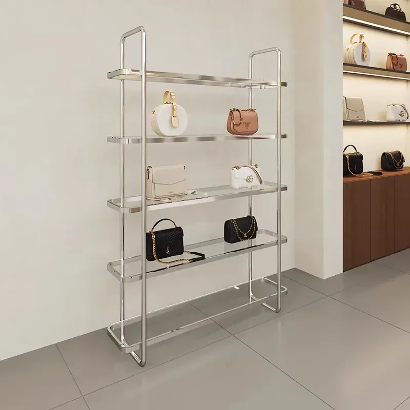 Stainless Steel Glass Display Rack Multi Tier Shelf for Shoe Bag Store Retail Showcase view 3
