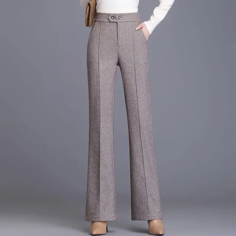 Korean Simple Women Woolen Pants Autumn Winter Thickened Solid Pockets Office Lady Fashion High Waist Casual Straight Trousers