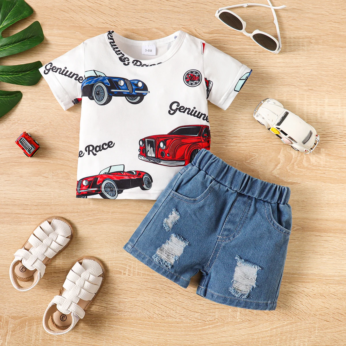 

PatPat 2pcs Baby Boy Car Letter Print Short-sleeve Tee and Ripped Denim Shorts Set