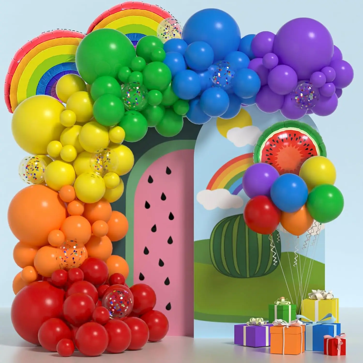 137pcs Rainbow Balloons Arch Kit Colorful Balloon Sets with Watermelon Rainbow Rainbow Birthday Sesame Party Decorations