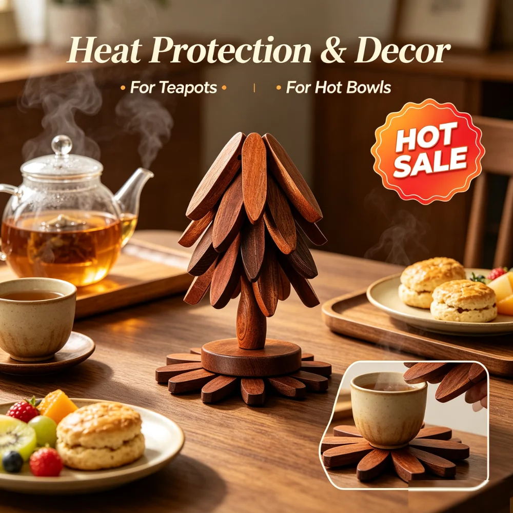 Christmas Tree Wooden Trivet Set Heat Resistant Table Mats with Storage Stand for Teapot Bowl Pot Kitchen Home Decor