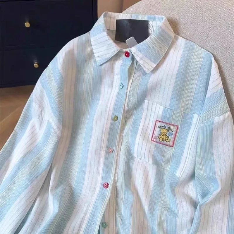 

Mint Blue Striped Shirts Women's Blouse Long Sleeve Lapel Cardigan Button Up Shirts Men Japanese Fashion Blusas Spring Summer