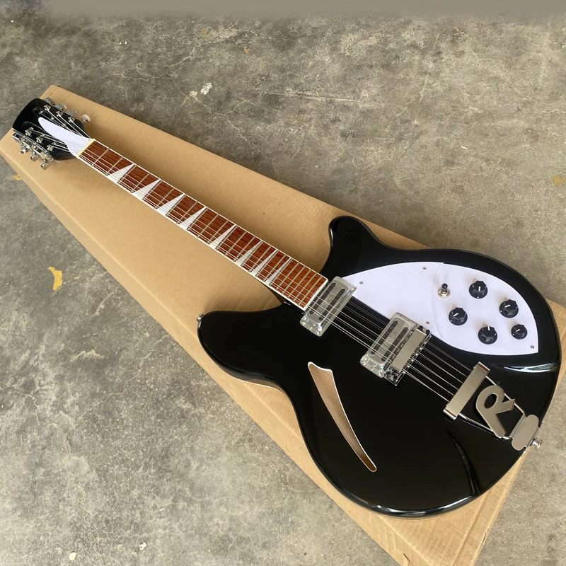 Guitarra eléctrica negra de cuerpo semihueco de 12 cuerdas, pieza trasera en forma de R, diapasón de palisandro, Guitarra de alta calidad