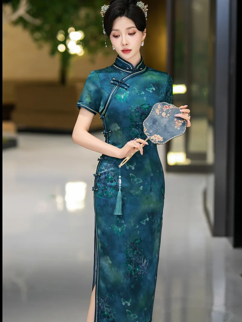 

Yourqipao Summer High-end Navy Blue Cheongsam Daily Retro Chinese Style Evening Dress Long Temperament Banquet Qipao for Women