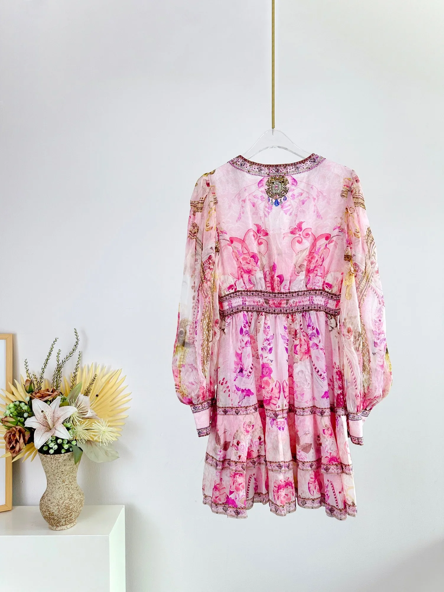 Women Pink Dress Floral Printed V-Neck High Waist Long Sleeve Sweet Silk Mini Robe