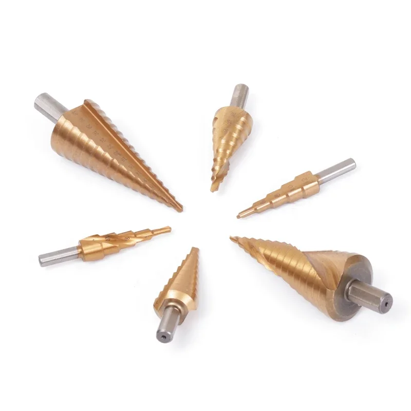 3 unids/set4-32mm broca escalonada con forma de Pagoda recubierta de titanio HSS cono de agujero de vástago triangular