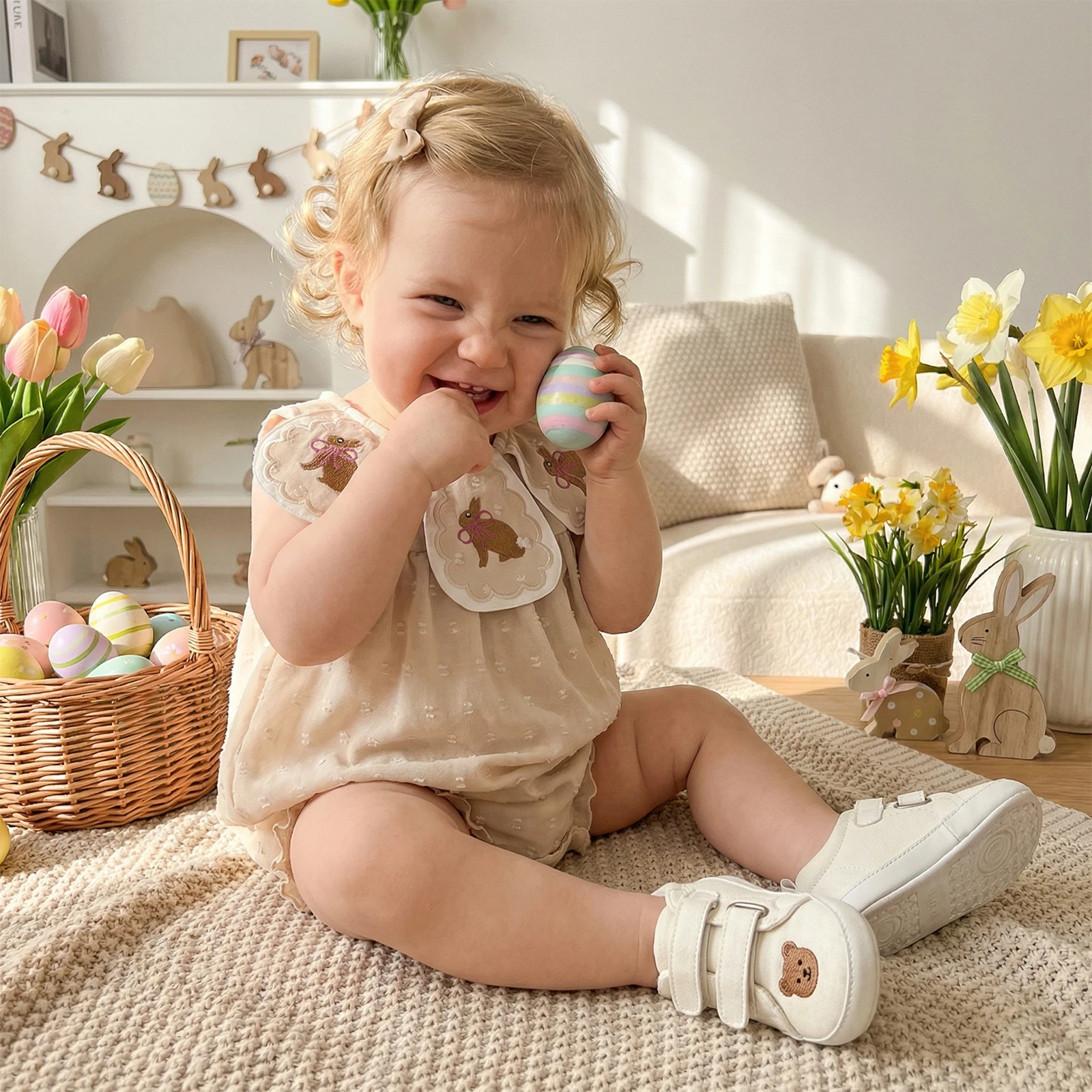 Baby Girls Summer Rompers Easter Bunny Embroidered Crew Neck Sleeveless Jumpsuits Newborn Clothes