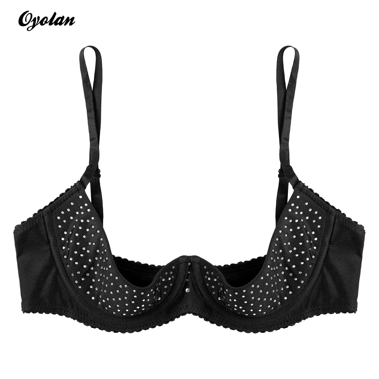 

Womens Lingerie Sexy Lace Breast Exposed Bra Underwear Sparkly Rhinestone Open Chest Bra Half Cup Push Up Balconettes Brassiere