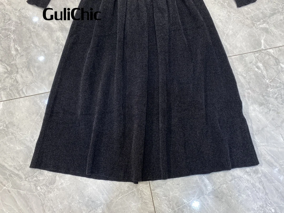 10.16 GuliChic Simple Fashion Temperament Square Collar Long Sleeve High Waist Slim Corduroy Midi Dress Women