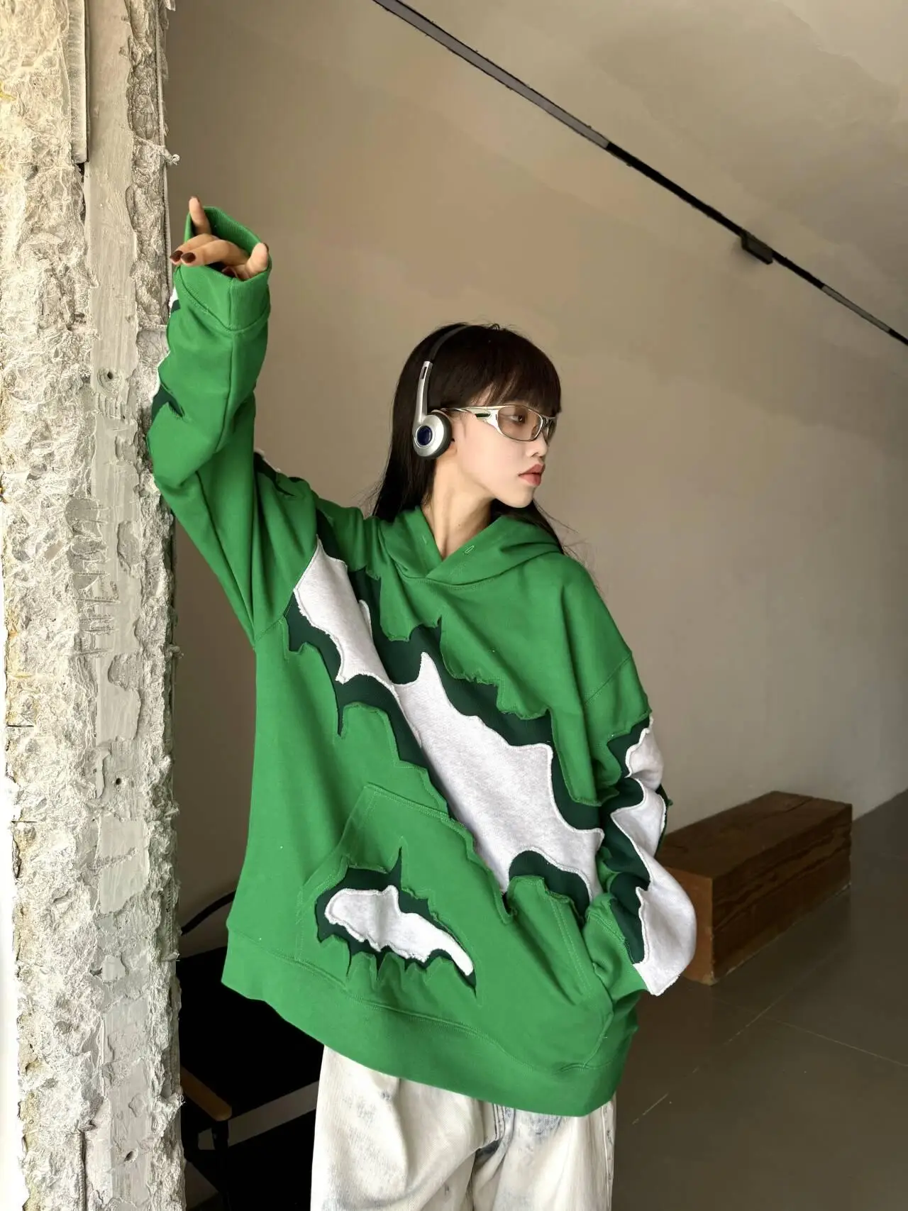 Handmade American Retro Couple Heavyweight Pure Cotton Patchwork Hoodie Customizable No Brand Registered Trademark 2025 Autumn