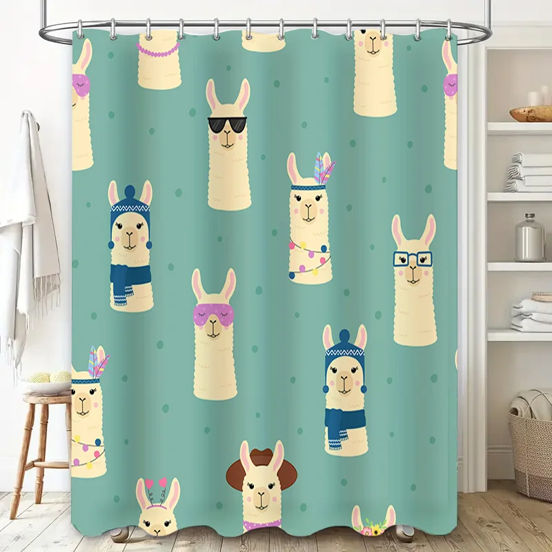 Adorable Animal Print Shower Curtain Set for Bathroom Decor Cute Llama Design Kids Room Decorations in Blue Green Color (Size: 1
