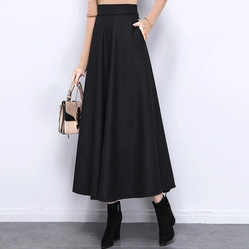 Skirt Autumn Winter Slimming A-line Long Skirt Winter Skirt Black Woolen Thickened Winter Skirt Half Skirt Women