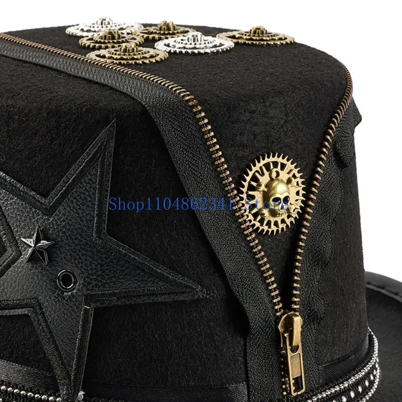 5asd Victorian Top Hat with Rivets and Zippered Design Gothic Cosplay Event Headwear for Masquerades and Stage Performances