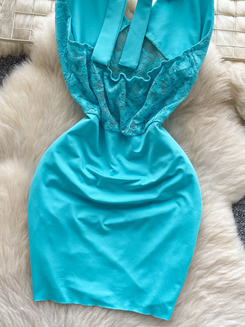 Foamlina Sexy Hollow Out Floral Lace Patchwork Dress Women Fashion Summer Lace-up Halter Sleeveless Backless Mini Bodycon Dress