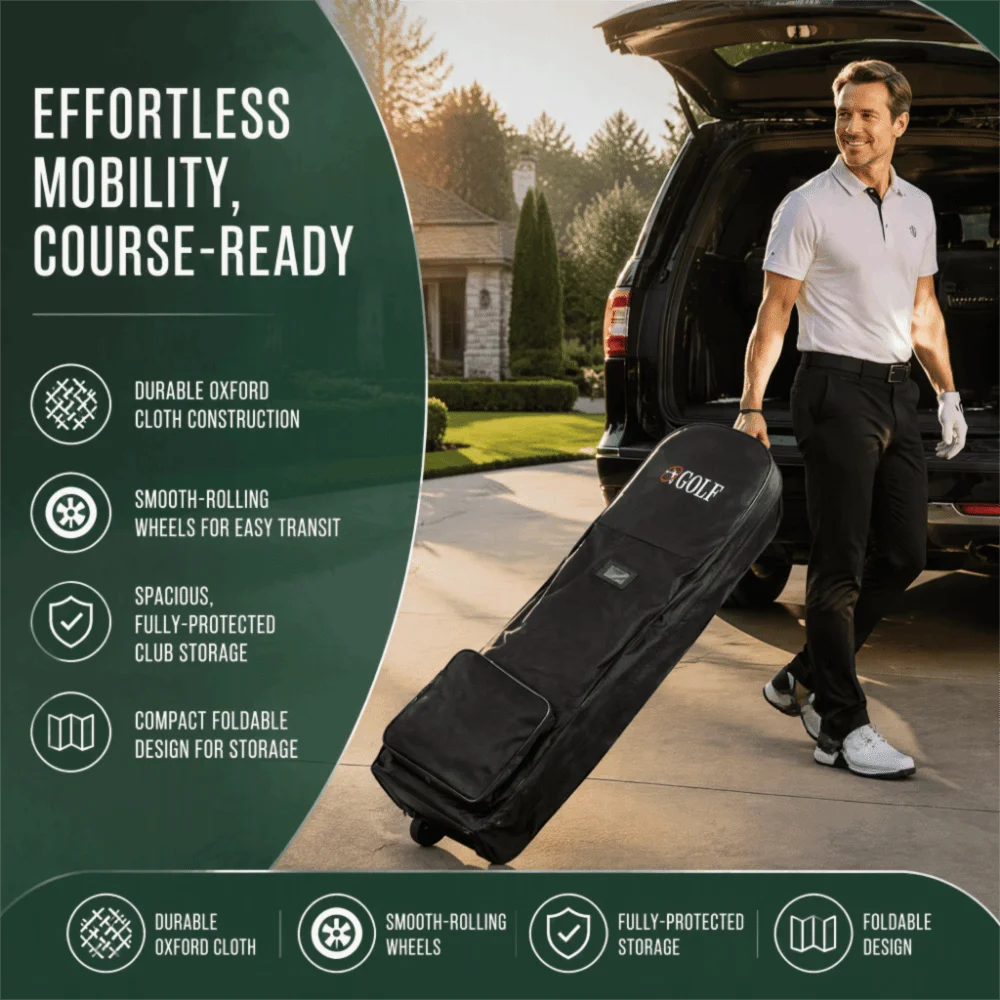 Black Golf Travel Bag Foldable Oxford Cloth Golf Club Travel Case Adjustable Storage Strap Rolling Wheel Golf Bag Cover