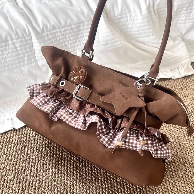 

Sweet Ballet Pleated Tote Bag Large-capacity Shoulder Bag Leather Strap Buckle Star Decoration Casual Versatile Retro Handbag