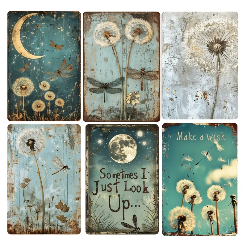 6pcs Vintage Dandelion& Dragonfly Metal Signs Set, Rustic Make a Wish Wall Decor Retro Dreamy Signs for Bedroom, Bathroom, Cafe,