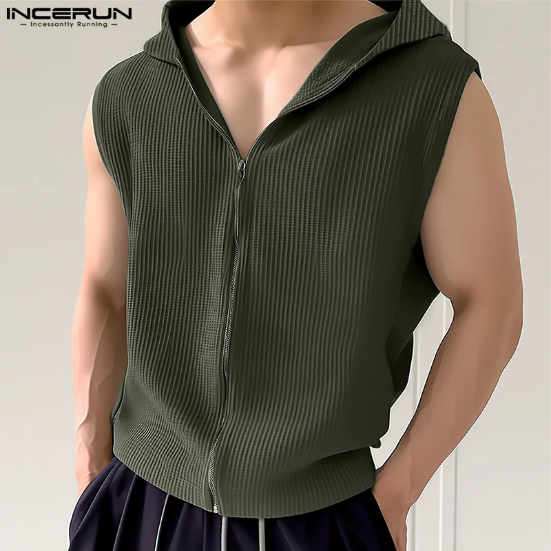 INCERUN Men Tank Tops Solid Color Hooded Zipper Sleeveless Casual Male Vests Streetwear 2024 Summer Fashion Leisure Men Clothing