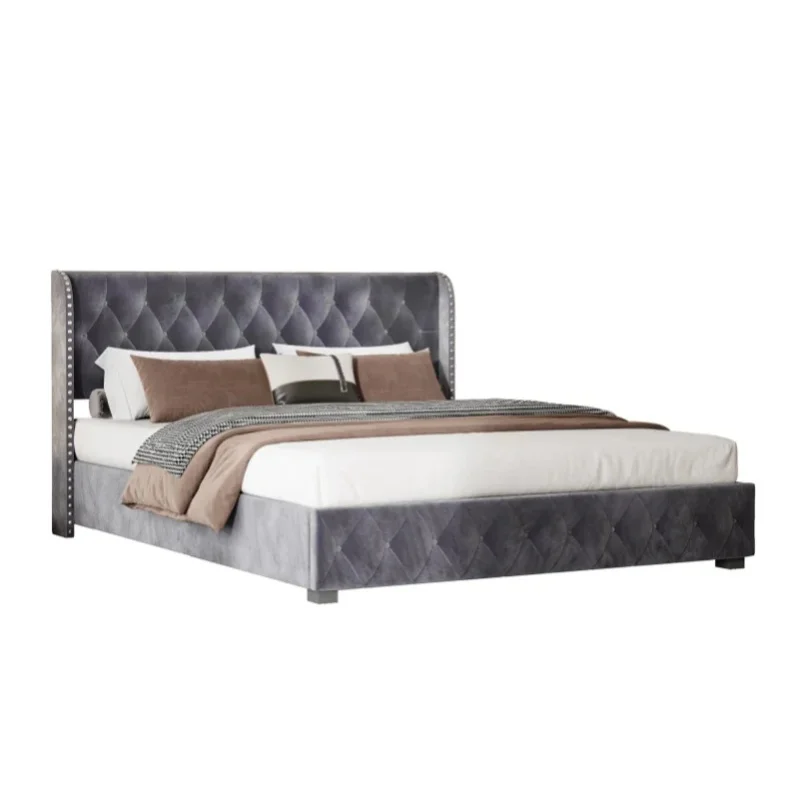 Fangange Samtbett mit Stauraum, hydraulischer Ottoman-Bettrahmen mit getuftetem Nieten-Kopfteil, dunkelgraues Samt-Doppelbett 140x200cm 160x200cm, Plattformbett für Schlafzimmer ohne Boxspring, kein