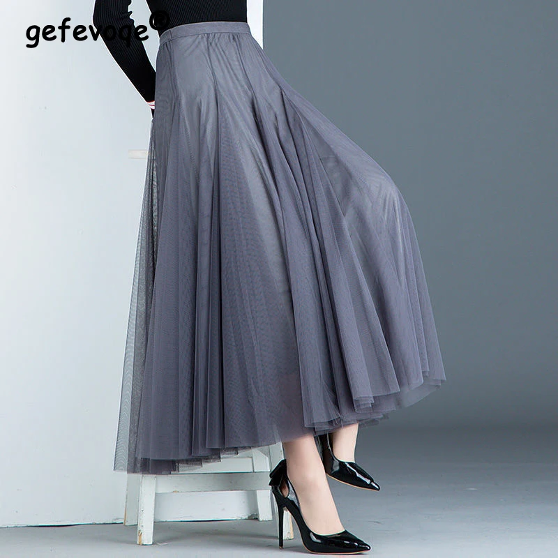 2023Women Summer Fashion 3 Layers Mesh Midi Skirt Female Elegant Fairy Solid Elastic High Waist Pleated Tulle Skirts Jupe Longue