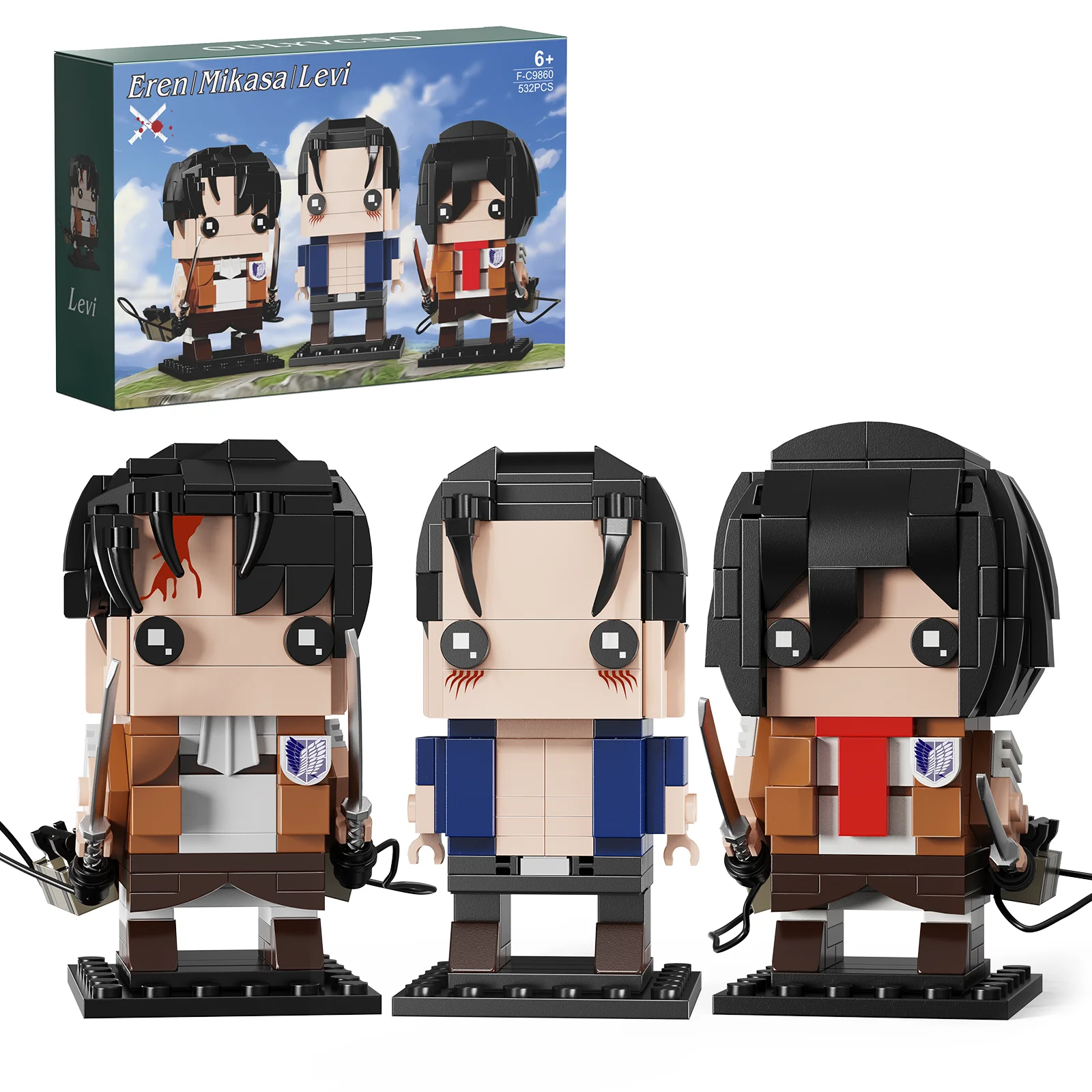 3-in-1 Attacked on Titan BricksHeadz with Eren Mikasa Levi Model Toys Building Bricks Suit with Box and paper Manual