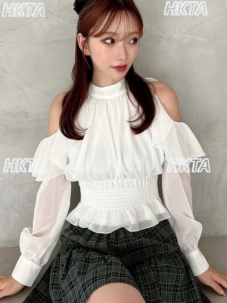 

Japanese Elegant Commuter Fungus Edge Bow Pinch Pleats Waist Off The Shoulder Chiffon Shirt Sweet Plaid White Blusas Top Women