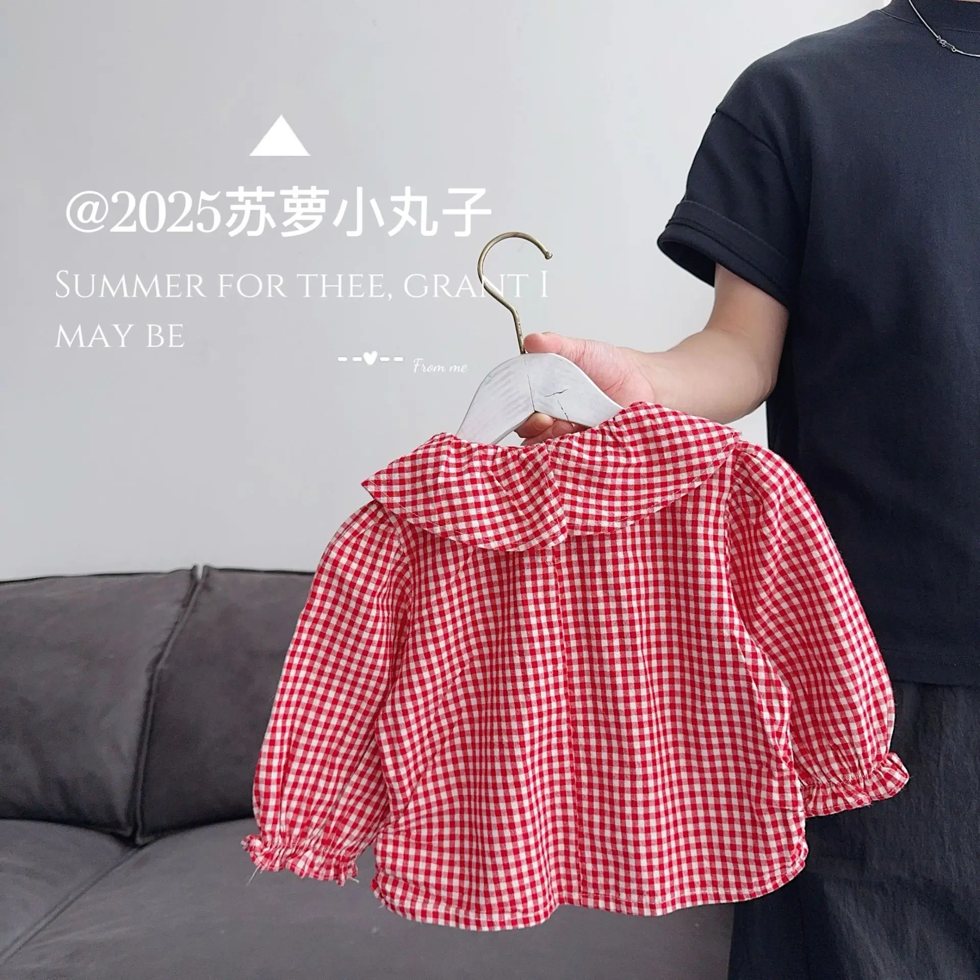 2025 Autumn 0-3 Year Old Girl Child Baby Foreign Trend Red Plaid Lapel Long-sleeved Shirt Top with T-shirt Inside
