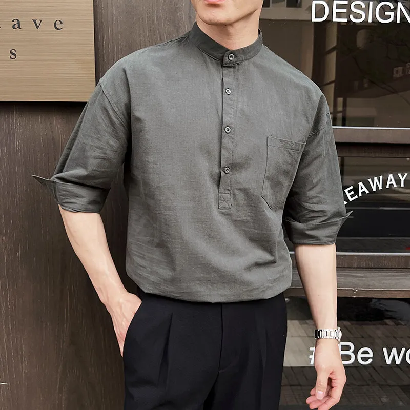 

Summer Men's Half Sleeved Cotton Linen Shirt Stand Up Collar Shirt Men Casual Slim Fit Casual Business Pullover Men Clothing