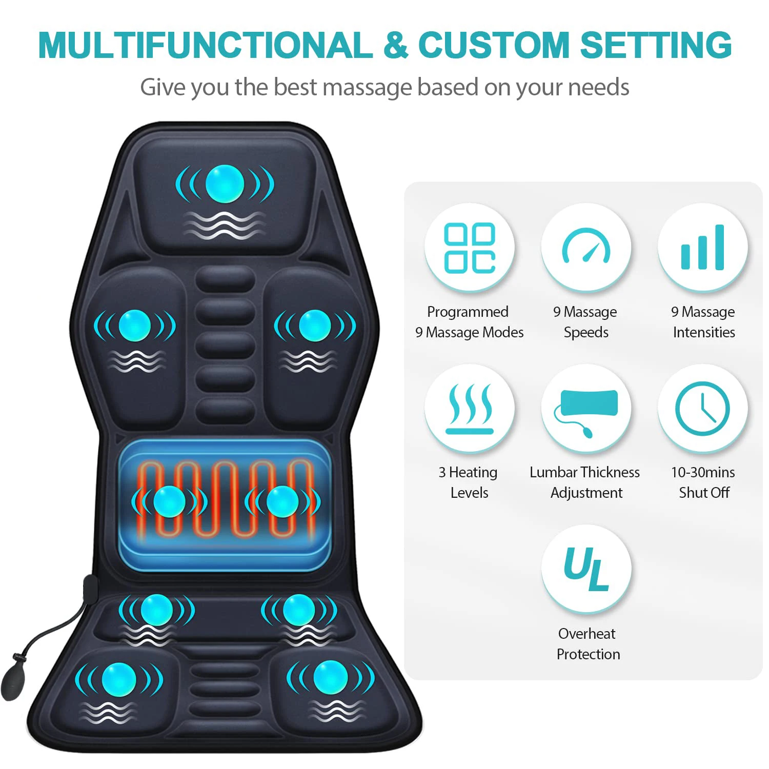 Electric Vibrating Heat Car Massage Massage Chair Mat 9 Massage Style Airbag Lumbar Support, Fatigue Stress Relief Back Massager