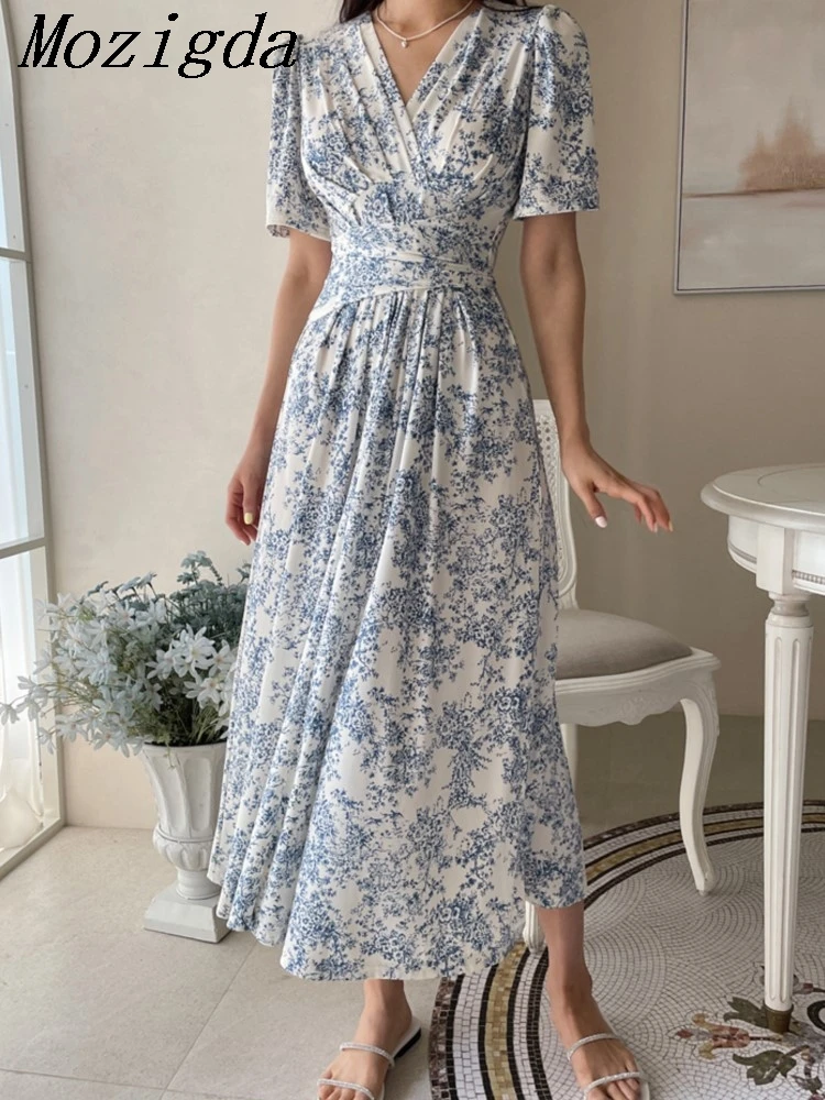 

Summer Chiffon Print Floral V neck Dress Women Elegant Vintage Slim Female Short Sleeve Ladies Dresses Casual Party A-line Robe