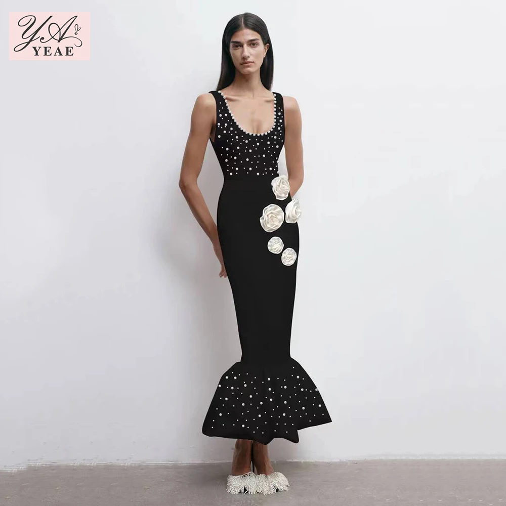 

2024 New Women's Black V-Neck Sexy Mermaid Pearl 3D Flower Long Bandage Dress Elegant Celebrity Party Dress