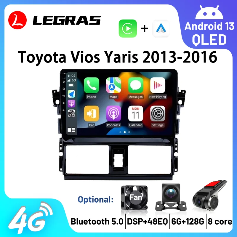 Android 14 Car Stereo Audio Carplay Auto Multimedia Player For Toyota Vios Yaris 2013-2016 Subwoofer GPS DSP FM Radio Bluetooth