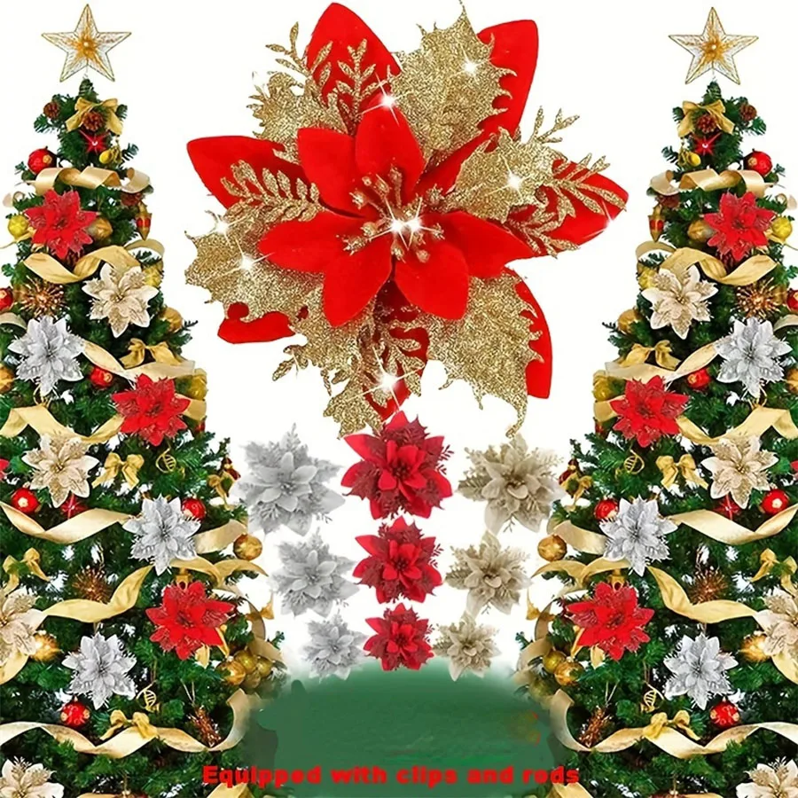 10 Stück 14cm Glitzer-Weihnachtssterne Künstliche Blumen mit Clips DIY Weihnachtsbaum-Ornamente Kranz Kamin-Dekorationen – Detail 1