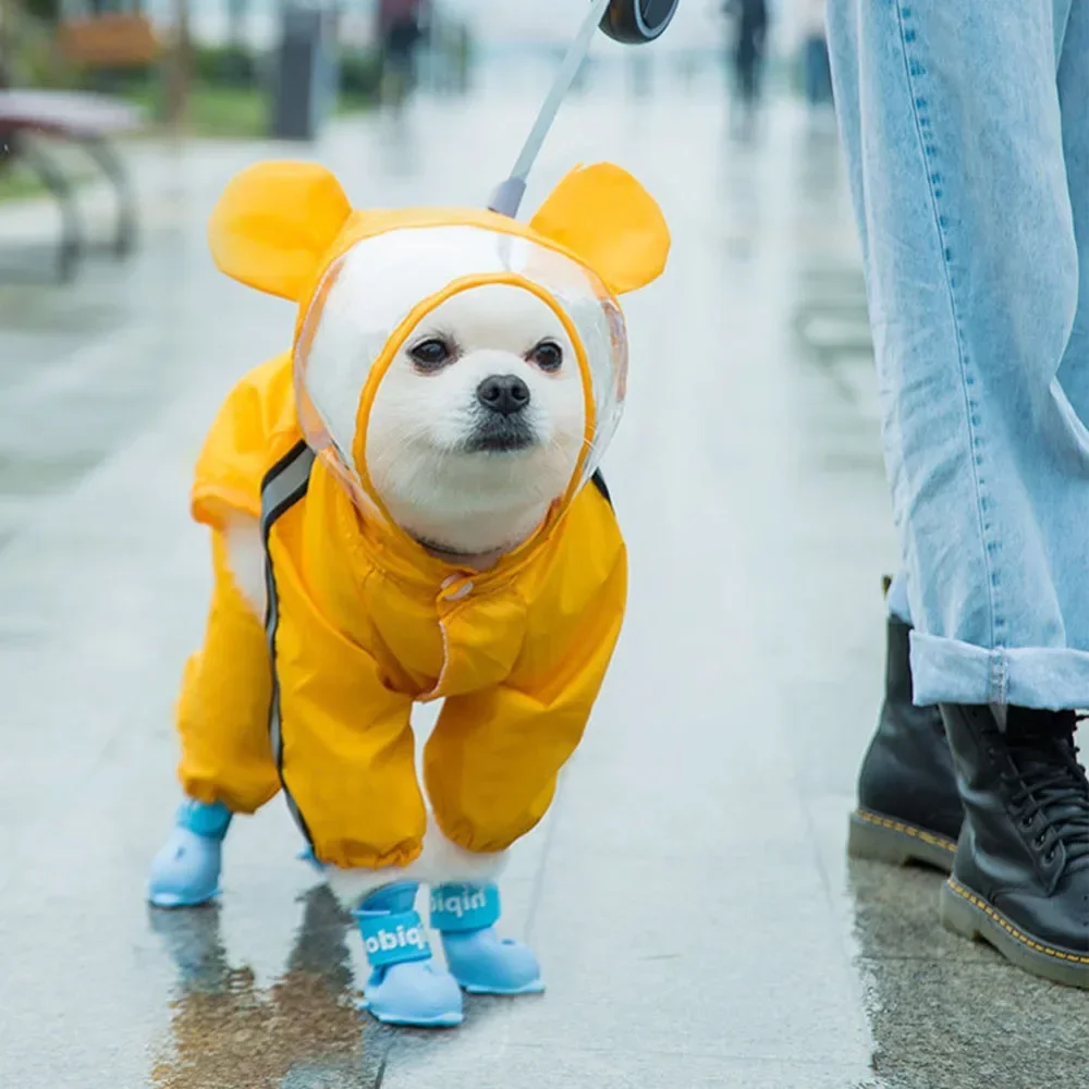 Cute Bear Shaped Puppy Raincoat Double Layered Waterproof Dog Rain Jacket with Hat Full Body Coverage Reflective Hooded Cloak