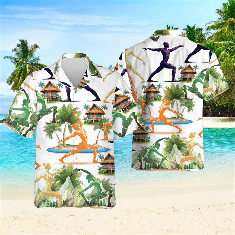

Модные спортивные рубашки для йоги с 3D принтом для мужчин одежда для медитации пляжная рубашка Харадзюку Гавайская блузка с отворотом детская с коротким рукавом