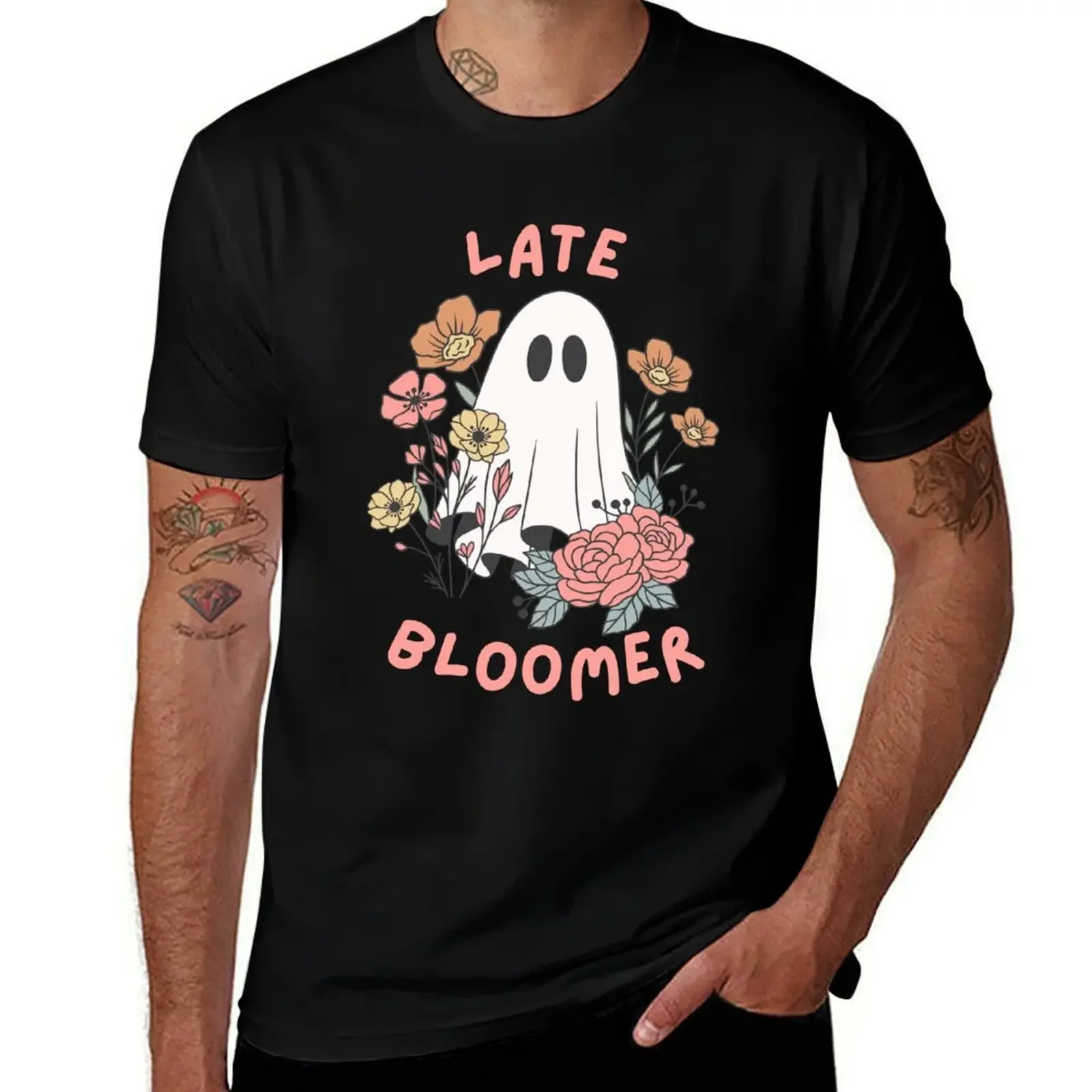 late bloomer cute sheet ghost with flowers T-Shirt oversized graphic tee hippie clothes mens tall t shirts