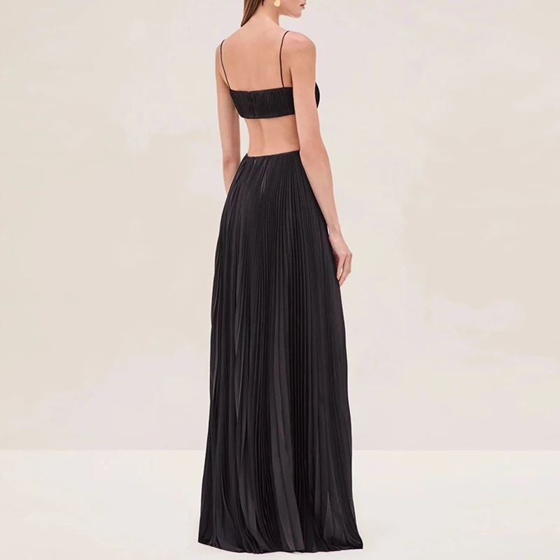 فستان سيدة مثير بدون ظهر متأرجح سادة أنيق بدون أكمام فستان طويل مجوف موضة بدون أكتاف عالي الخصر مطوي فستان سهرة