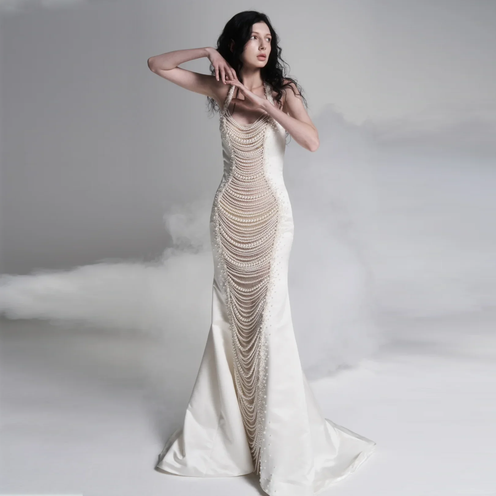 Pearls Wedding Party Dresses Luxury Major Beaded Dress Long Halter Sleeveless Sexy Prom Gowns Mermaid Mesh Transparent