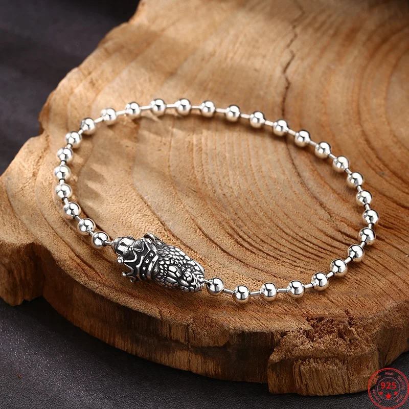 

S925 Sterling Silver Bracelets for Women Men Retro Greedy Snake Beaded-chain Hand String Bangle Fashion Punk Jewelry Wholesale