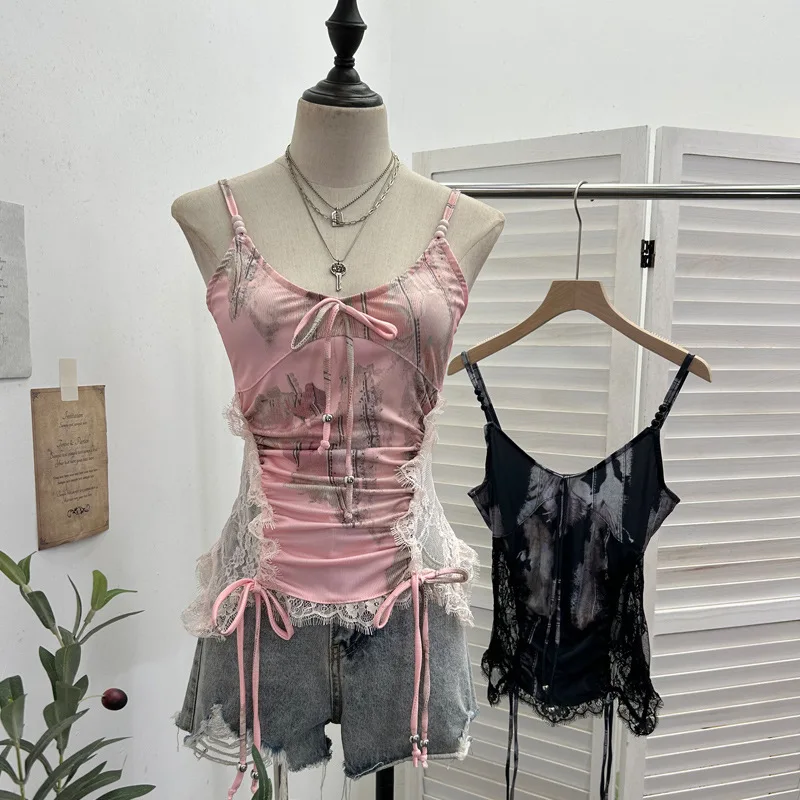 قميص قصير صيفي ISAROSE Y2K للنساء بدون أكمام وأشرطة خرز قابلة للتعديل ودانتيل جانبي قابل للتمدد مقاس واحد قطع علوية قصيرة ضيقة